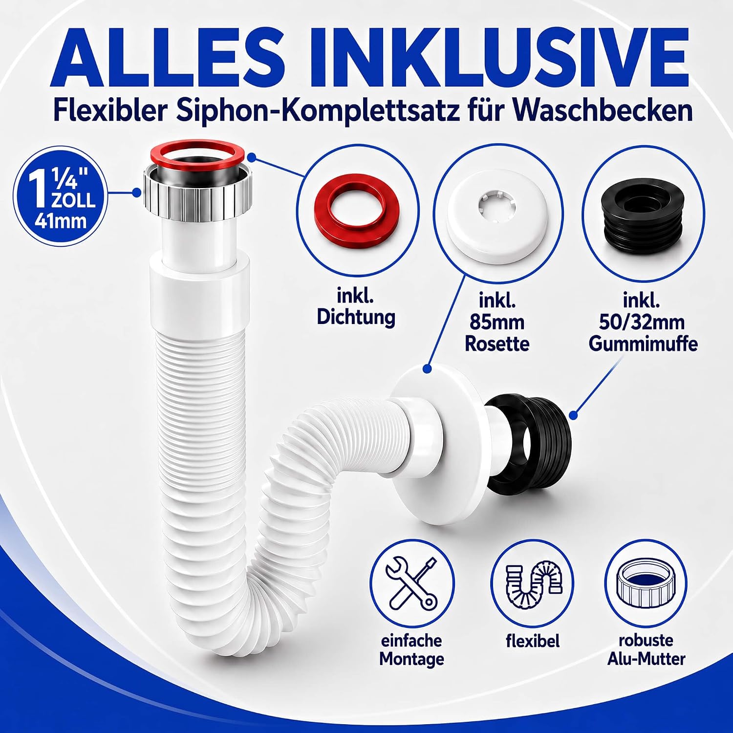 Lieferumfang: Siphon, Dichtung, 85 mm Rosette, 50/32 mm Gummimuffe