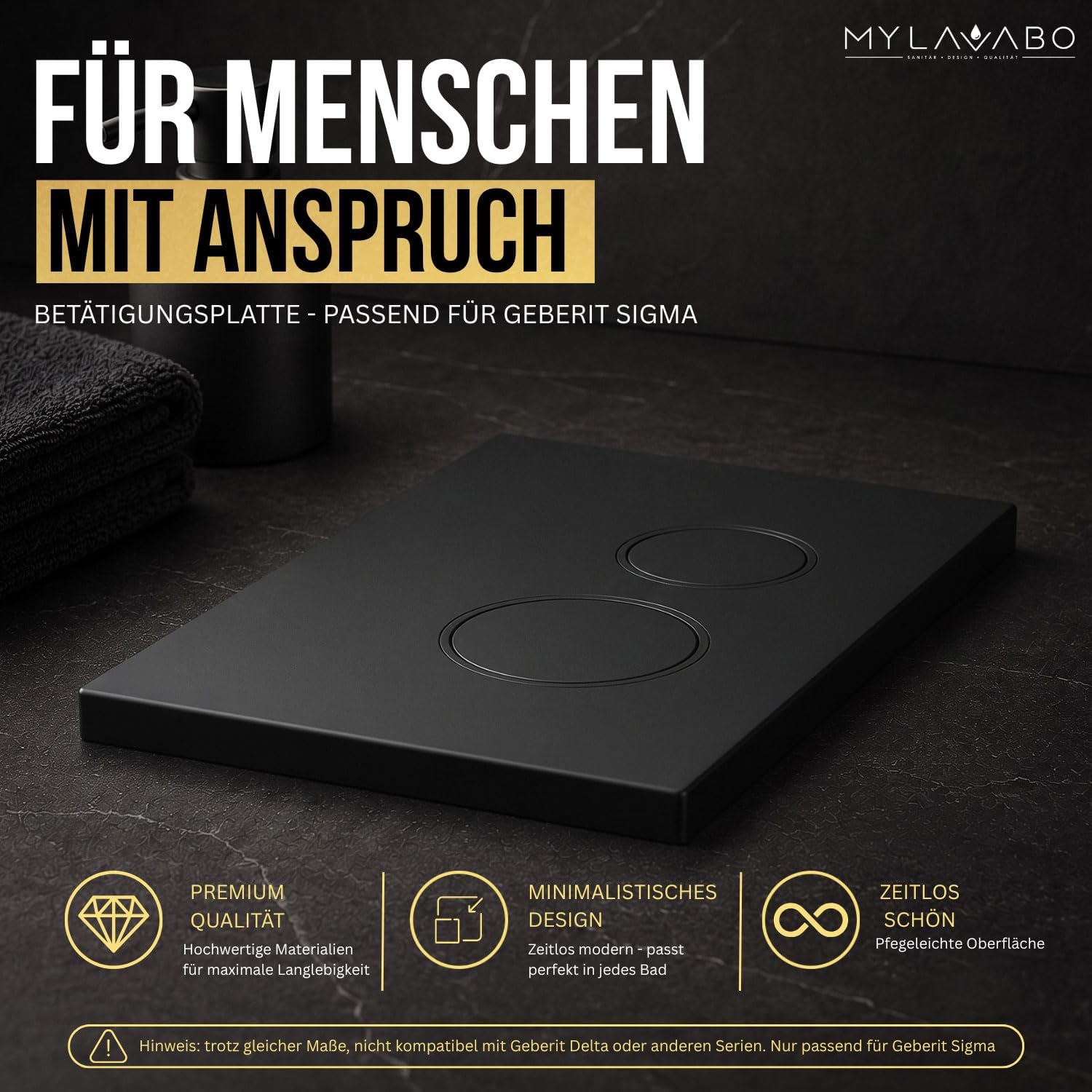 MYLAVABO Betätigungsplatte in Szene, mattschwarze Oberfläche