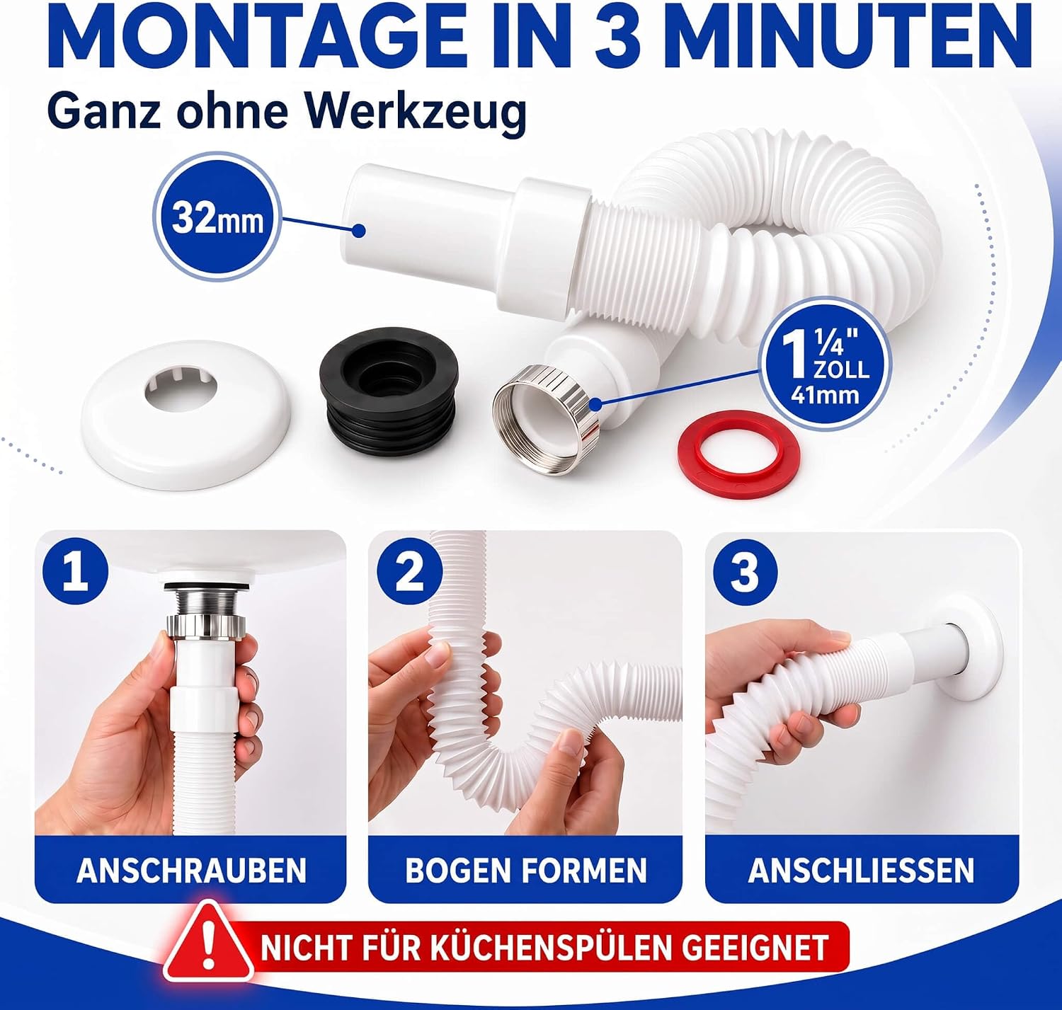 Montagegrafik: Anschrauben, Bogen formen, Anschließen