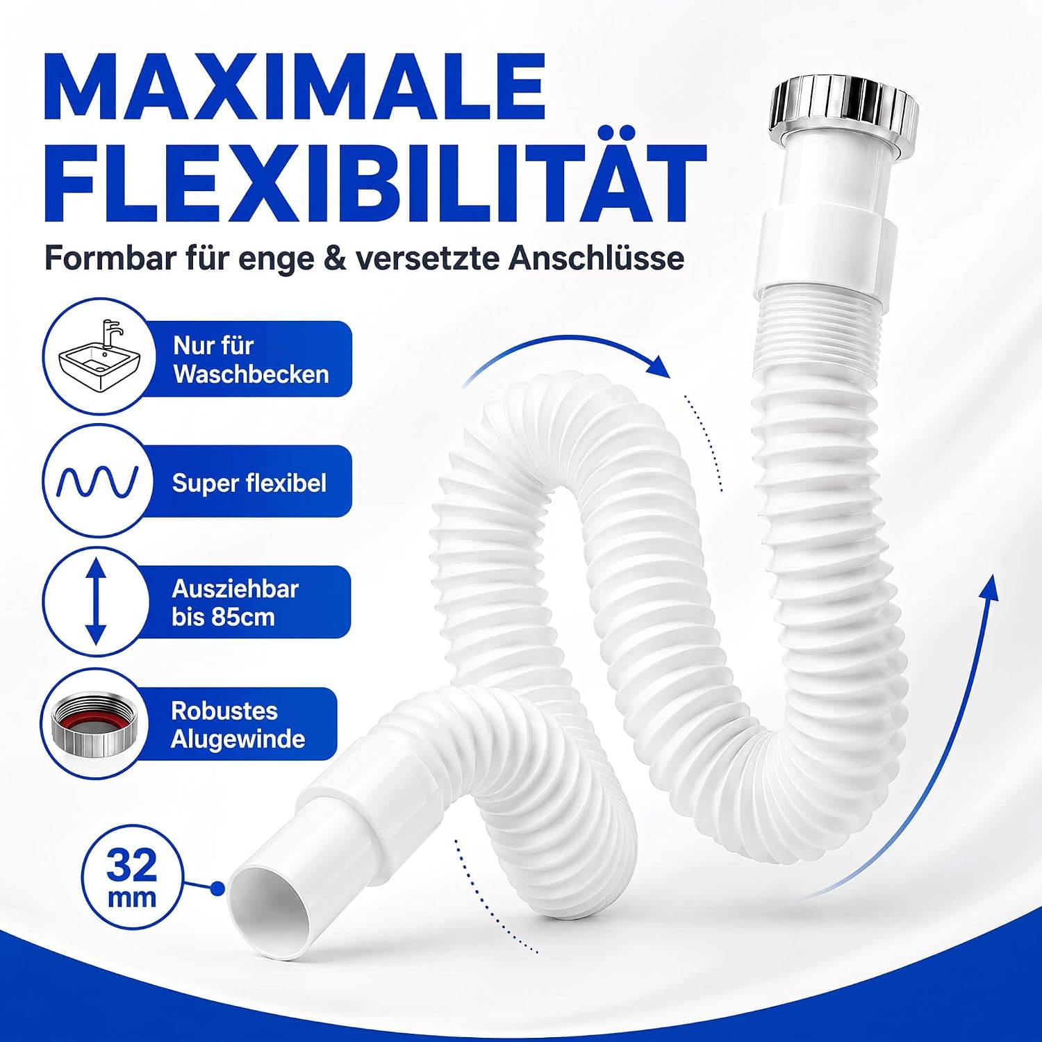 Grafik: flexibler Siphon, ausziehbar bis 85 cm, 32 mm Ablauf